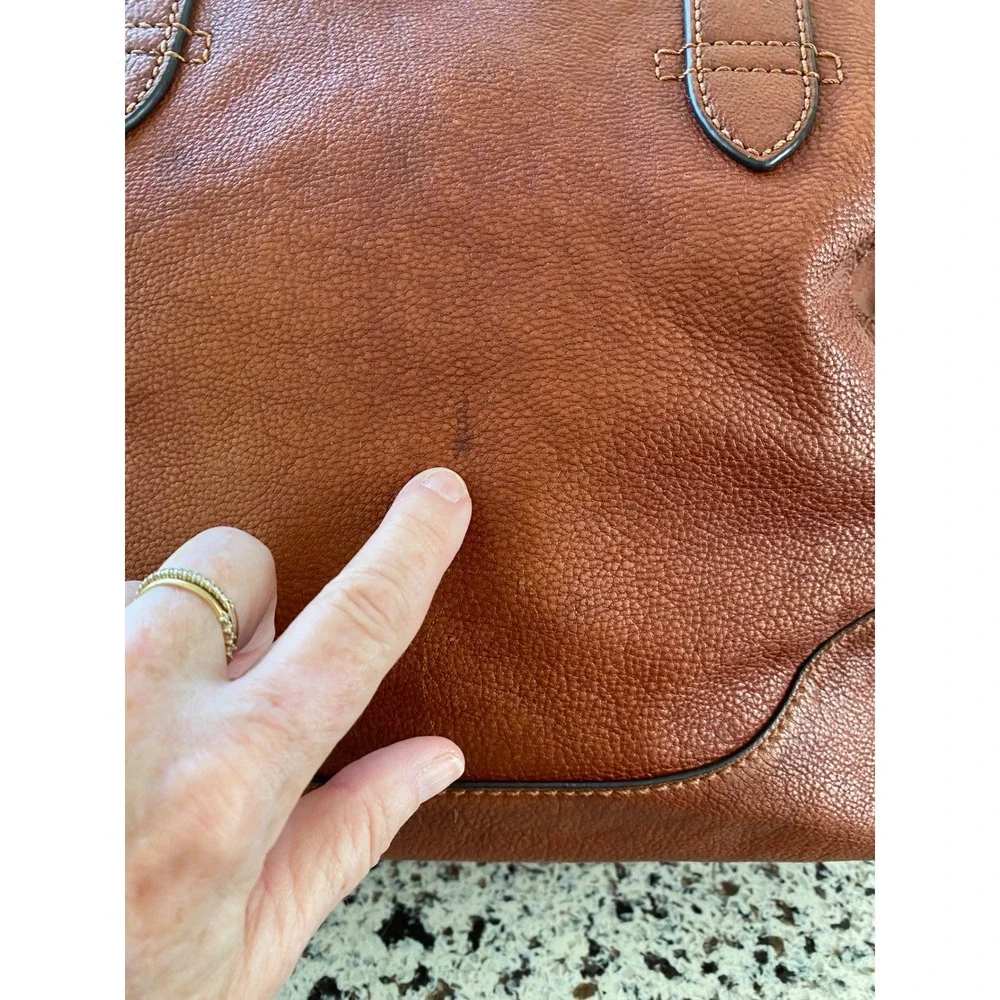Frye  Lucy Side Pocket Leather Tote Bag Women OS Cognac Brown Pebbled Zip Top